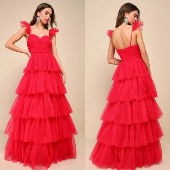 Lulus Fabulous Poise Bright Red Tulle Ruffled Tiered Maxi Dress Party Prom - Picture 1 of 11